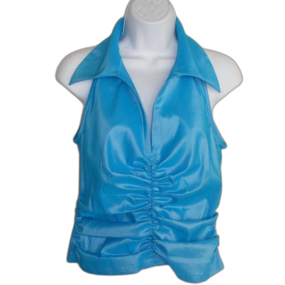 TADASHI Top, 8, Ruched, Collar, Sleeveless, Aqua Blue, Back Zipper - Picture 1 of 9